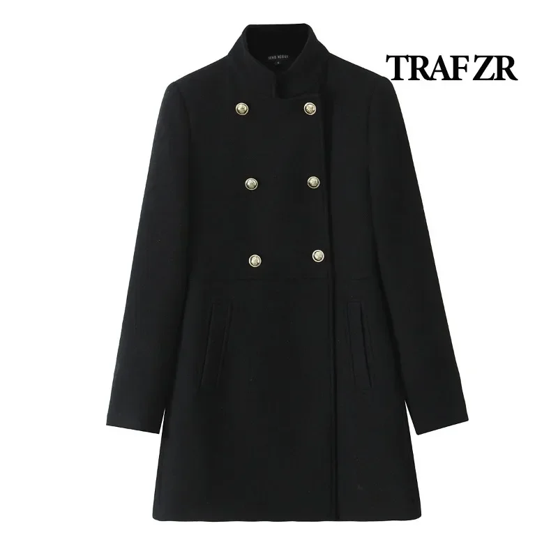 TRAF ZR Woolen Coat Fall Fashion Black Long Coat Elegant and Pretty Women\'s Coats American Retro Autumn Outerwear Urban Coats