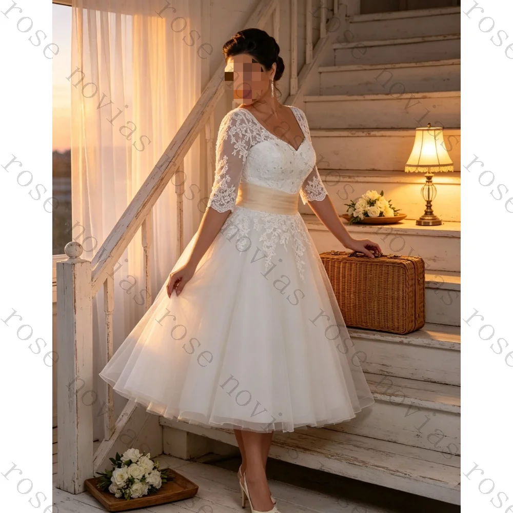 Customized 2026 Vintage V-neck Half Sleeved Brown Wedding Dress Ruffled Lace Applique Plus Size Short Bridal Gown for Ceremony