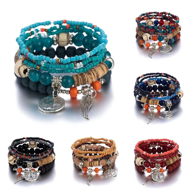 Ethnic Bodhi Rice Beads Glass Beaded Bracelets Set for Women Color Boho Multi-layer Elastic Bracelet&bangles Jewelry Pulseira