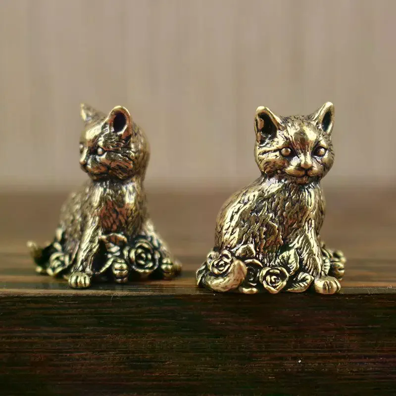 Office/Home Desk Embellishment; Brass Rose Cat Statue Tea Pet - Wonderful Valentine's Gift for Women and Cat Fanatics