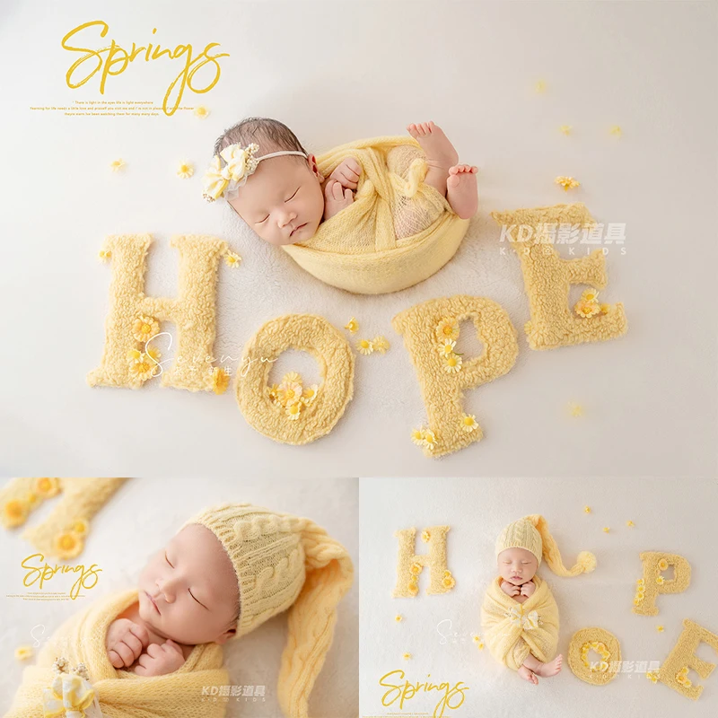 Yellow Theme Newborn Photography Props Bow Headband Knitted Hat 