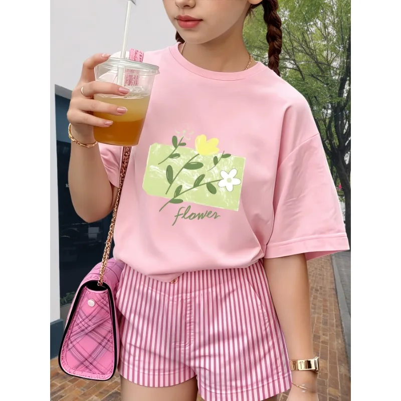 Girls Light Purple Flower Print T Shirt Pure Cotton Loose Short Sleeve Kids Summer Casual Tops