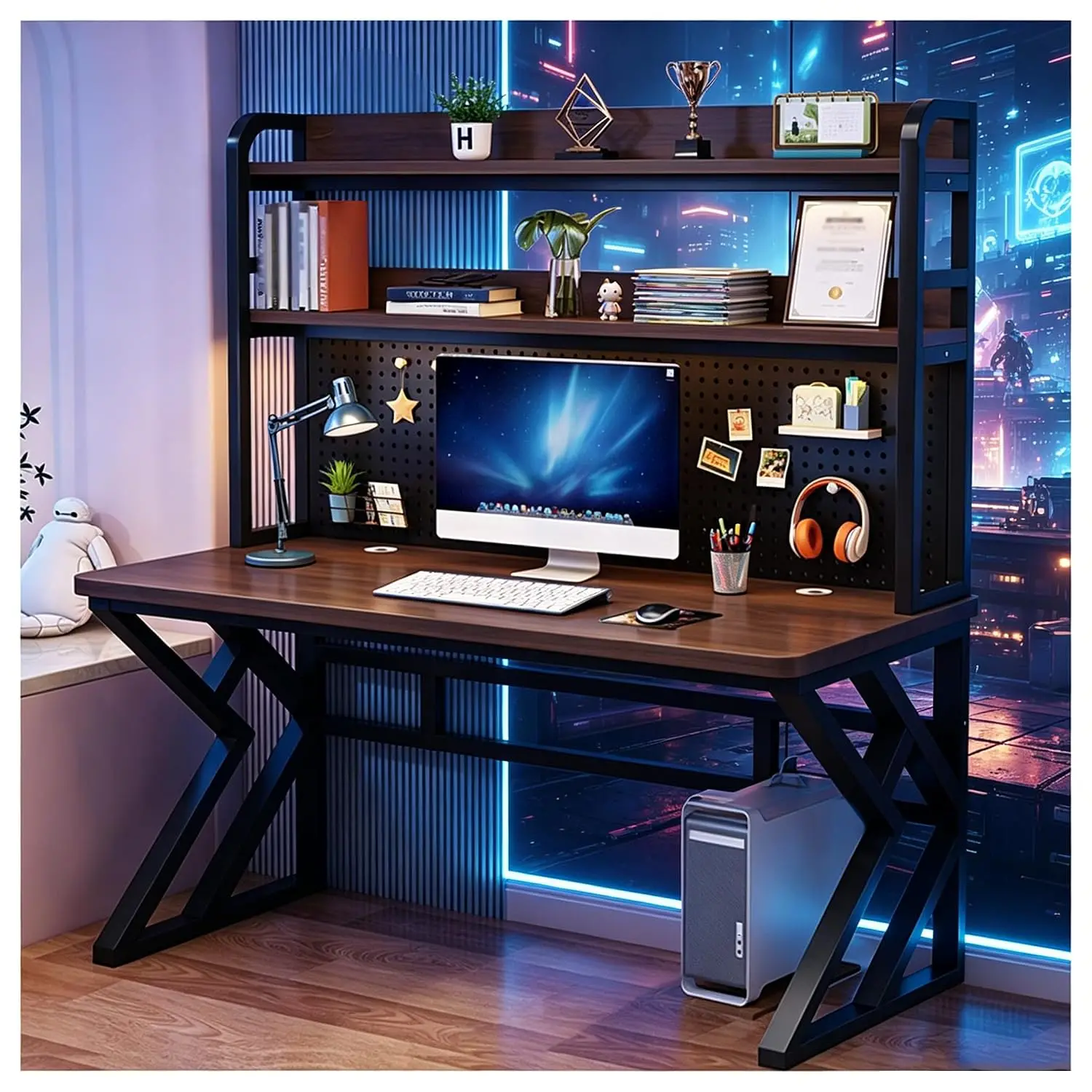 31.4in Gaming Desk with Bookshelf, Pegboard & Storage Shelves, Customized