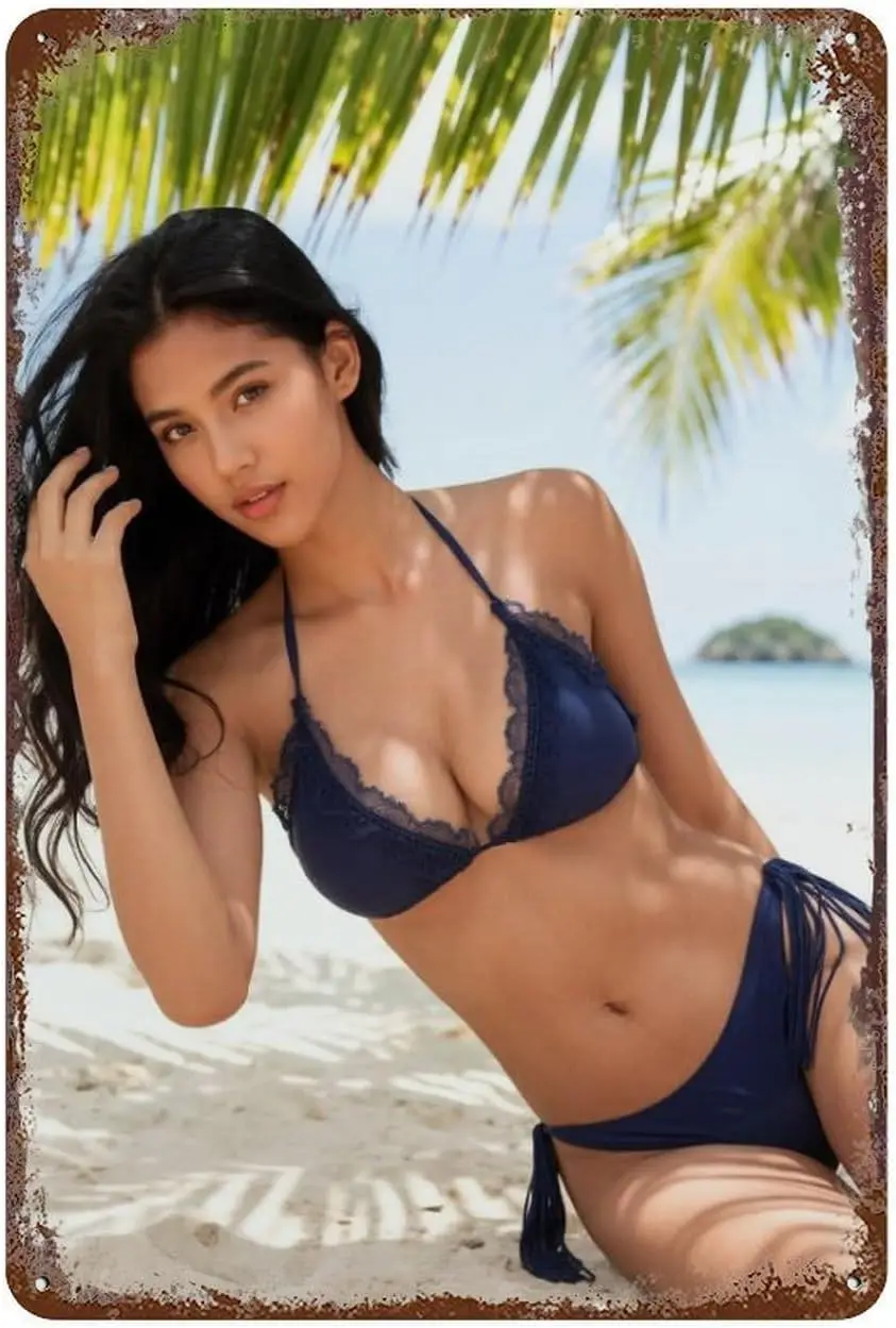 Letrero de metal con diseño de bikini, mujer sexy y motivos veraniegos. | Perfecto para dormitorios, salones, patios, casas junto a la piscina, cabañas de vacaciones, bares tiki, co