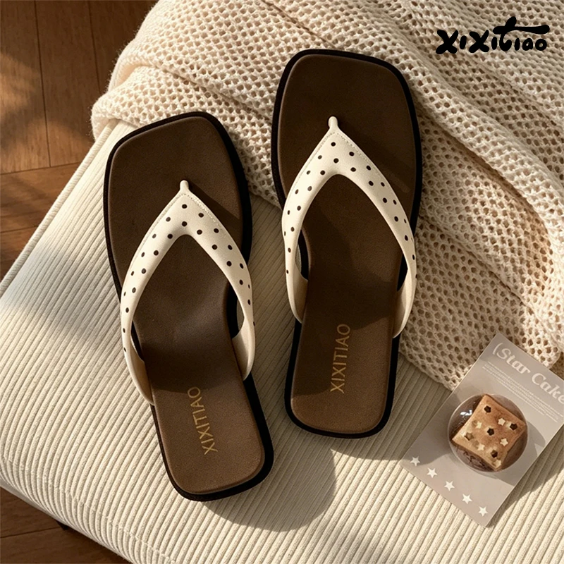 XIXITIAO Women’s Sandals Summer Polka Dot Flip-flops Fashion Wedge Indoor Outdoor Design Beach Slippers French Ladies Flip-flops
