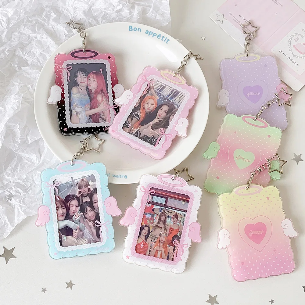 Sweet Girl 3 Inch Angel Wings Pendant Card Holder Student Hollow Visible Photocard Display Case Kpop Charm