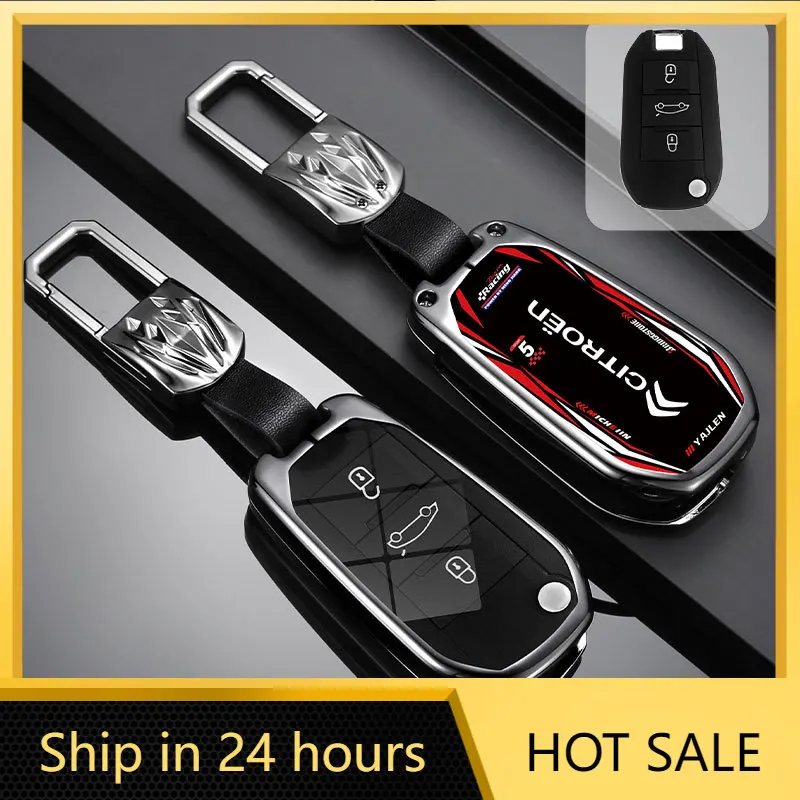 

Car Sticker New Zinc Alloy Leather Car Flip Key Case Cover Holder Shell Keyring For Citroen C3 C4 CACTUS C6 C8 Car Key Protector