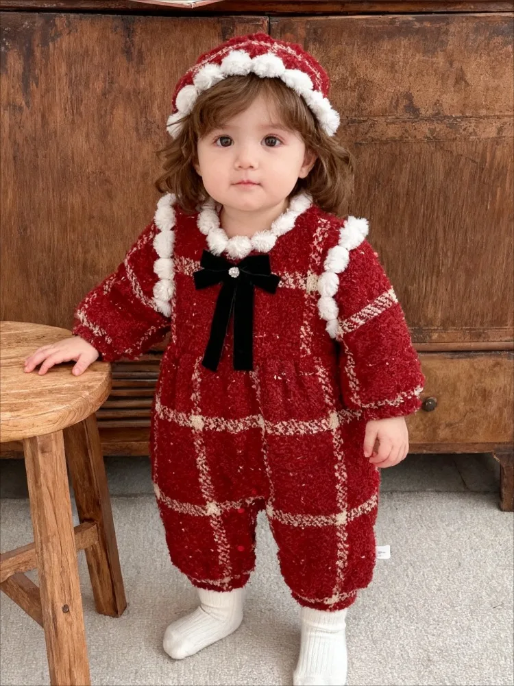 

2025 New Baby Winter Full Sleeve Bow O-neck Red plaid jumpsuit for baby girls Christmas bag fart jacket thick climbing suit