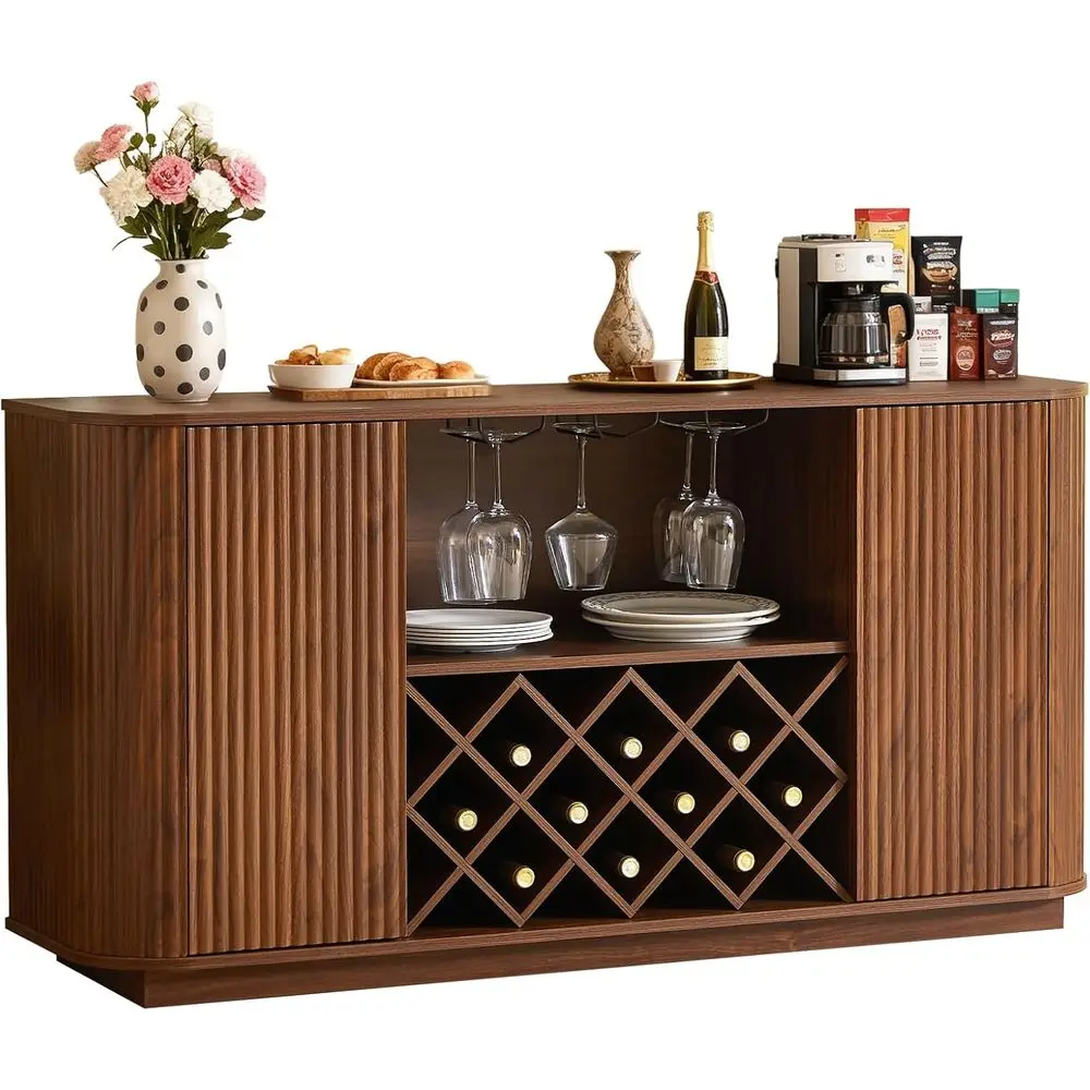 

Walnut 58 Wine Bar Cabinet with Storage, Racks, and Glass Holder for Living, Dining, Kitchen Spaces
