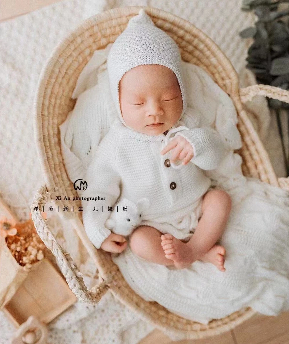 Straw Basket Newborn Photography Props Newborn Posing Nest Photo Baby Changing Basket with Handles Baby Photography Accessories