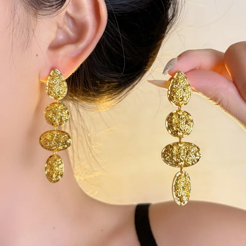

18K Gold Plated Textured Teardrop Oval Drop Earrings for Women 4 Tier Hammered Disc Linear Long Dangle Statement Jewelry