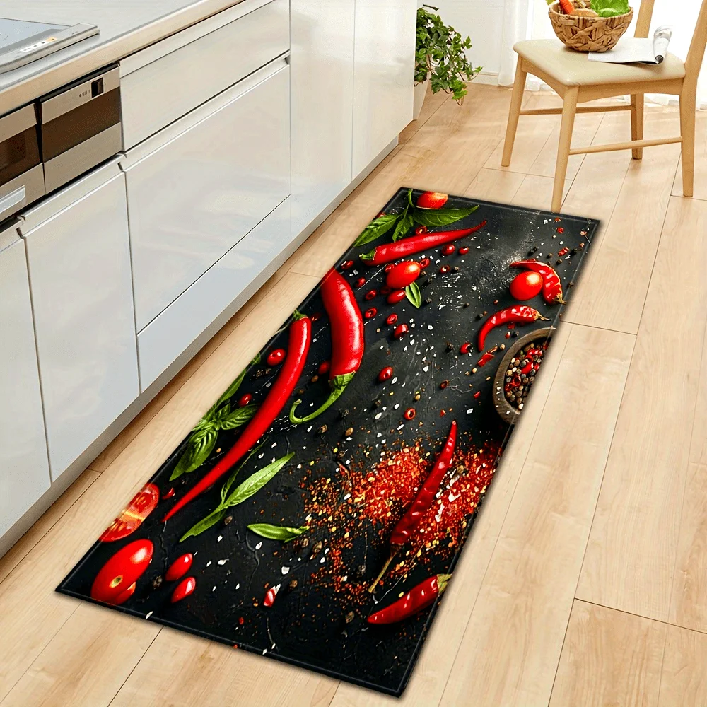 Culinary Kitchen Runner Rug Hot Red Pepper Herb Seasoning Dark Slate Texture Art Printed Long Floor Mat for Cooking Area Decor