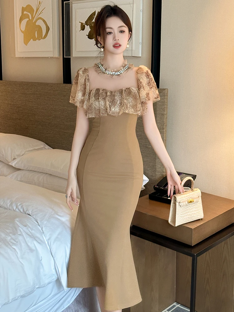 Feminino elegante socialite vestido de noite mulher sexy diamante renda pura malha babados fishtail robe feminino festa banquete vestidos