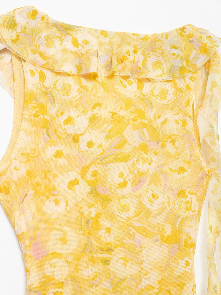 KAOPU ZA Women with ruffle draped printed tulle mini dress vintage v-neck sleeveless female dresses vestidos mujer