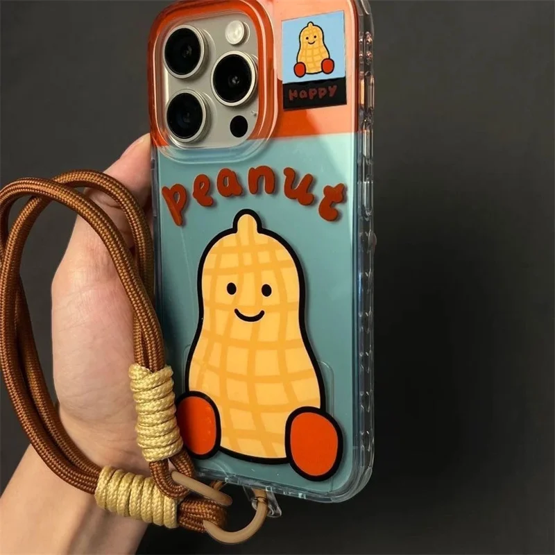 Durchscheinende, bonbonfarbene Erdnuss-Handyhülle mit großem Loch und braunem Handyband für iPhone 11, 12, 13, 14, 15, 16 Pro max – Detail 3