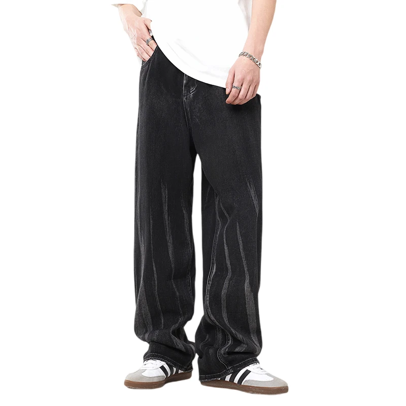 2024New Black Jeans Men's Trend Loose Straight Hip-Hop Street Fashion Personality Boy Mop Trousers