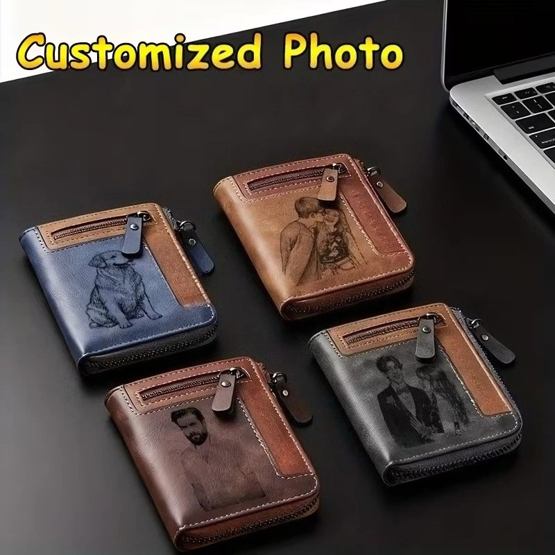 Custom Photo Retro Short Wallet, PU Leather with Zipper Coin Credit Card Holder for Daily Use, Ideal Gift for Family and Friends