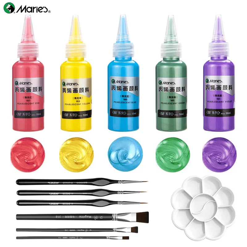 12pcs Marie's Colorful Pearlescent Acrylic Paint Set, 5 Metallic Gloss Shimmer Pigments with 7 Brushes Palette Set for Craft