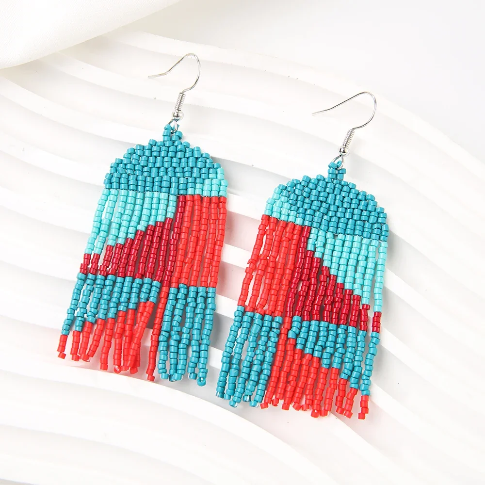 Beaded earrings Flag Block Tassels  Vintage Trendy Simplicity Handwoven Alloy Bohemia Rice bead earrings