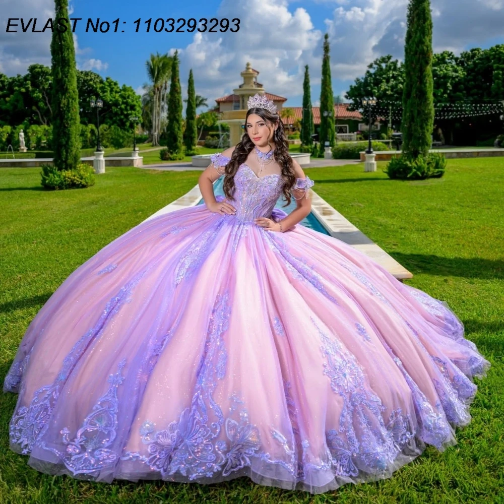 

Индивидуальное блестящее сиреневое бальное платье EVLAST для Quinceanera с кружевными аппликациями, бисером, бантом и корсетом, для Sweet 16, Vestidos De 15 Anos AQ249