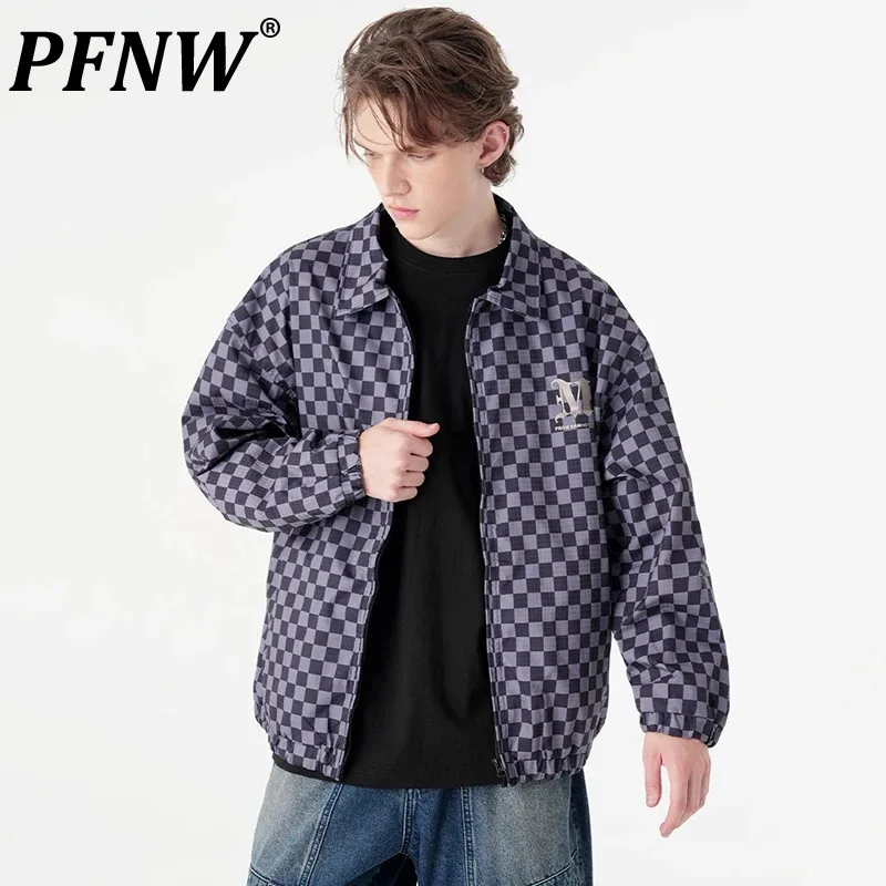 

PFNW Men's Versatile Plaid Autumn Jacket Couples Street Lapel Zipper Unique Design Casual Loose Trendy Male Tops New 28W4303