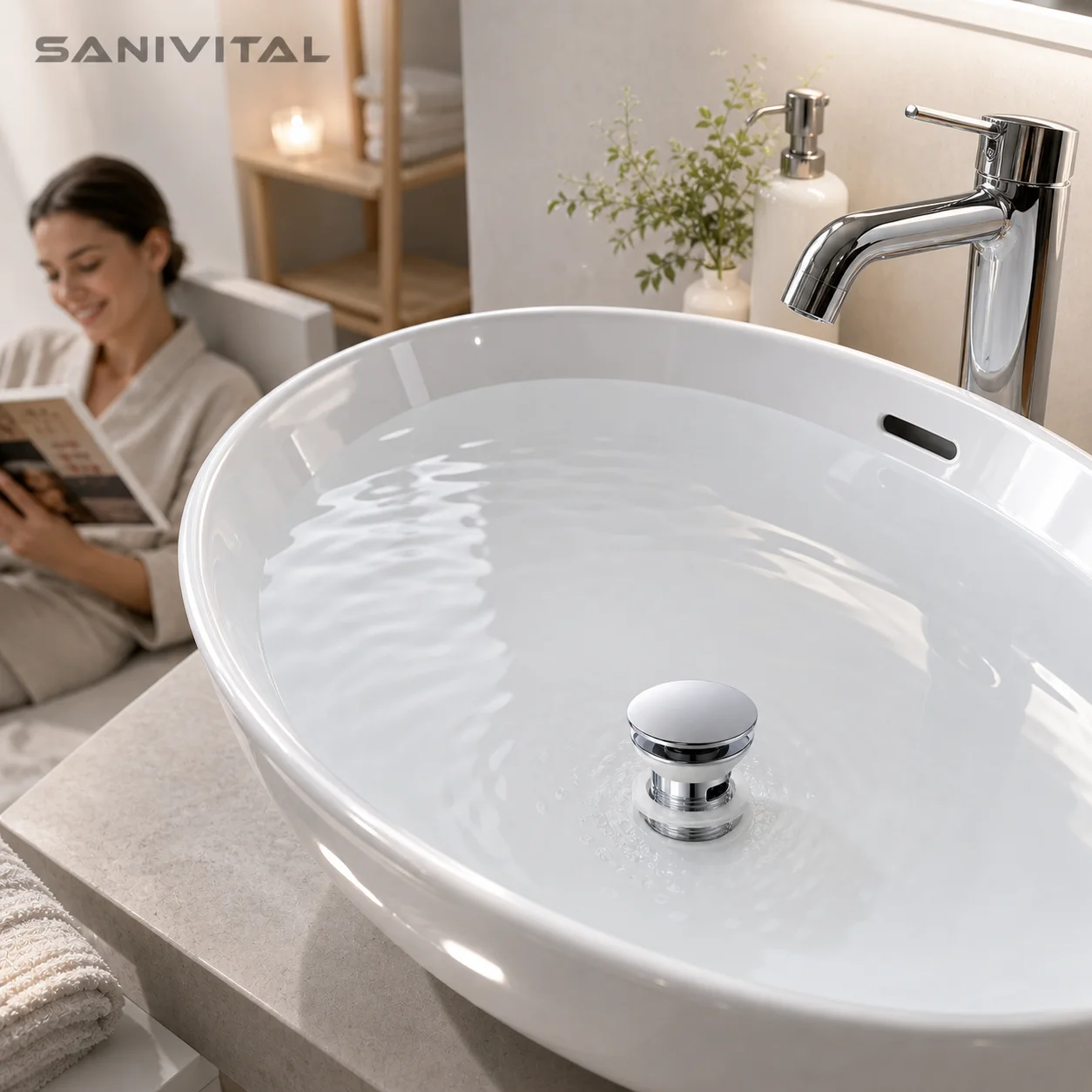 SANIVITAL Pop-Up Bathroom Sink Drain Stopper with Overflow Stainless Steel Press Type Basin Drain Plug