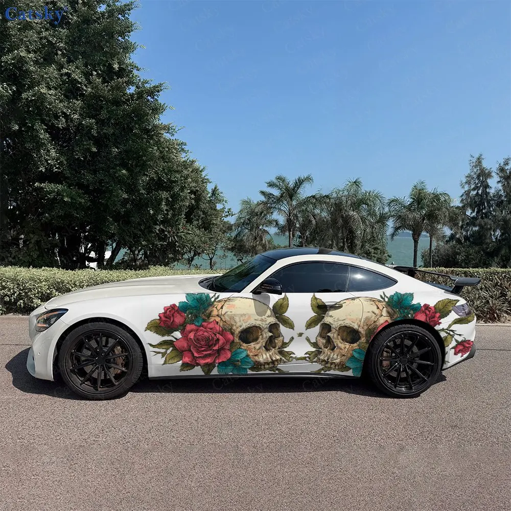 2pcs Vintage Flower Cluster Skull Car Side Wraps, Self-Adhesive PVC Waterproof & Scratch-Resistant Stickers, Car Accessory Gift