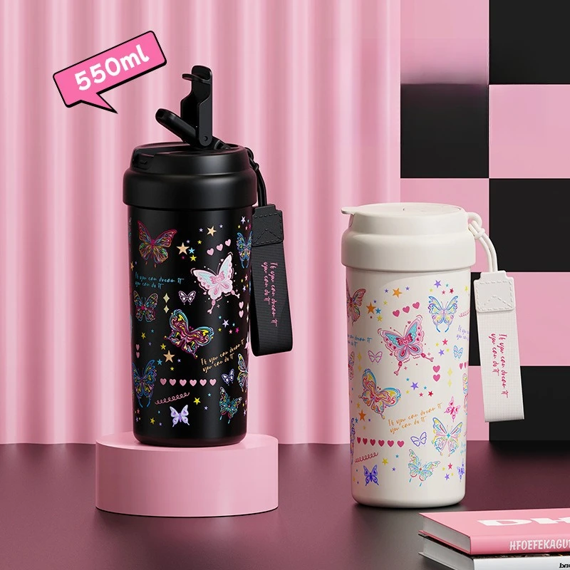 Image of 550ml Kaffeebecher mit Schmetterlingsdruck und Keramikbeschichtung, Tragbarer Isolierbecher mit Tee-Infuser und Strohhalm