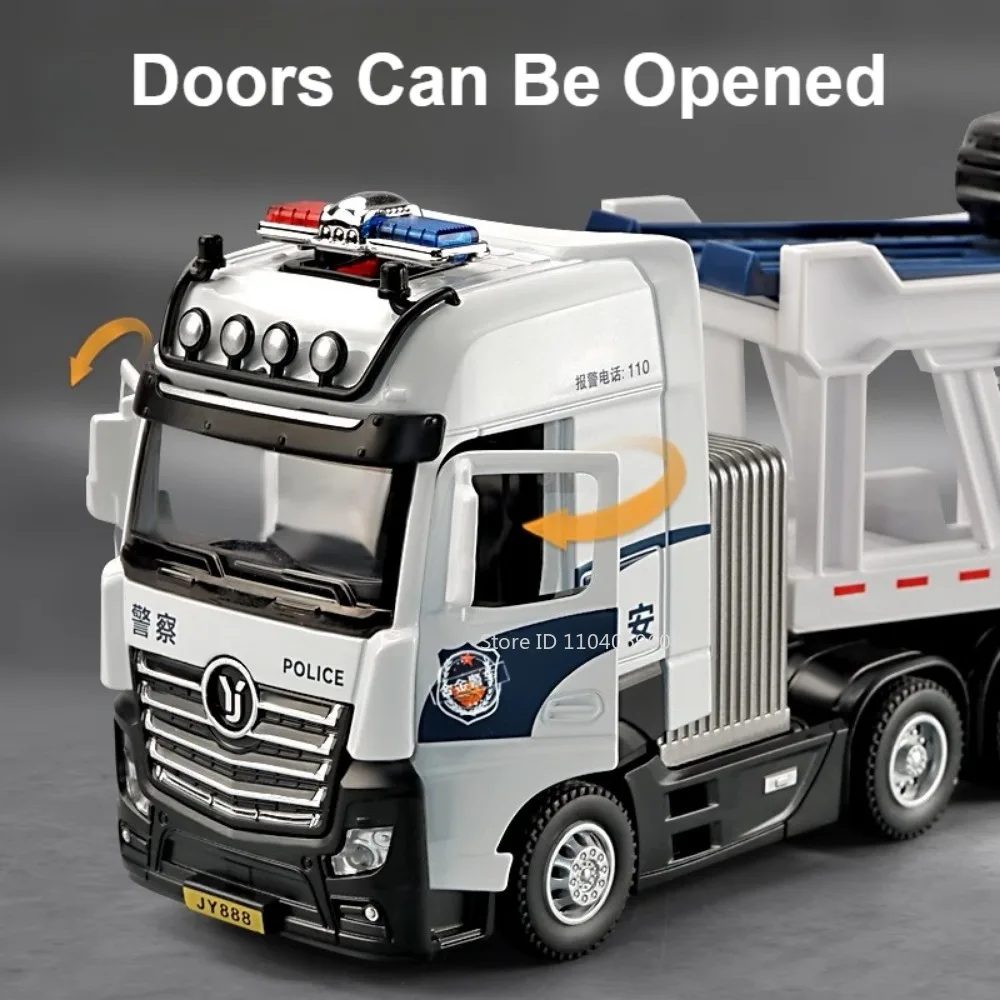 1:50 Scale Police Trailer Car Model Toy Alloy Diecast Double Deck Tractor Transporter Doors Opened Sound Light Pull Back Gifts