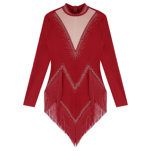 Imagen 2 del producto Vestidos de leotardo de Tango para mujer, Ropa de baile con flecos, traje de salón de baile Cha, mono con flecos de baile latino de Samba de manga larga