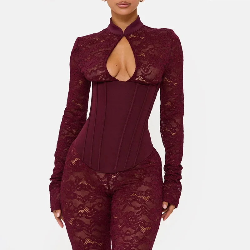 See Through Lace Skinny Calf Length Jumpsuits Women Grommet Lace Up Corset Waistband Hollow Out Stand Collar Full Sleeve Overall