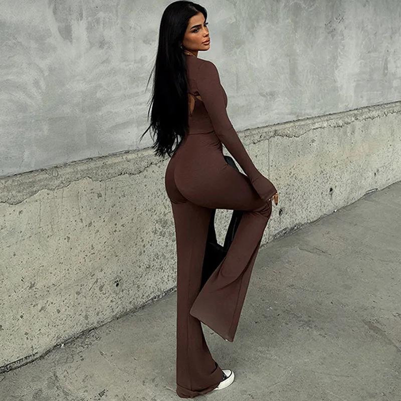 Apprabant Vrouwen Sexy Solid Jumpsuits Tweedelige Set Sexy Ronde Hals Lange Mouwen Kiel Backless Strakke Fit Hemdje jumpsuit