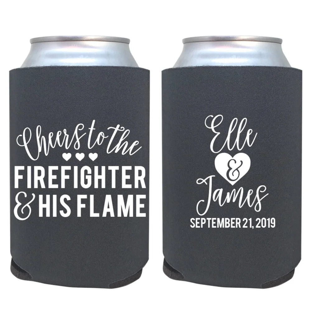 personalized wedding can cooler / firefighter and his flame / wedding favor / custom can cooler / custom wedding favors / coolie