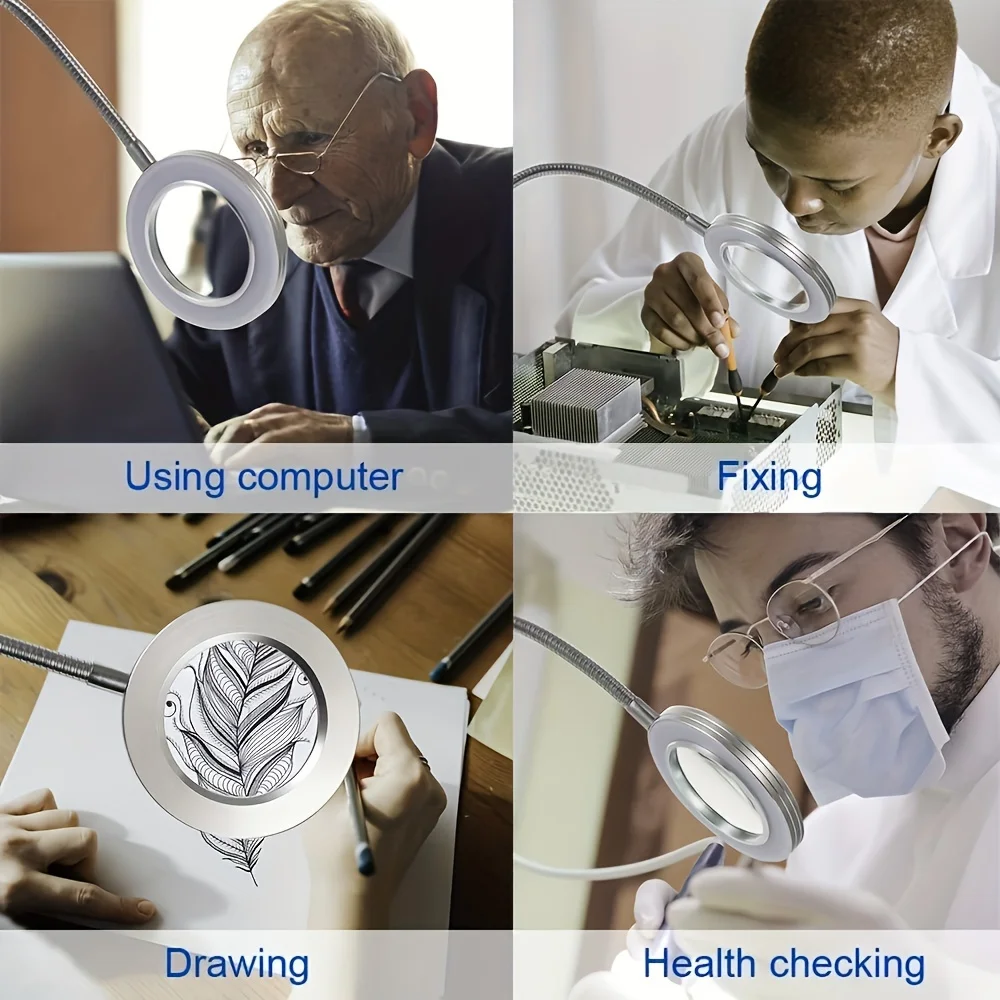 USB Powered Ampliação LED Desk Lamp, mãos livres Desk Lamp, flexível Gooseneck e Clamp, 3 modos de cores, 10 níveis de brilho