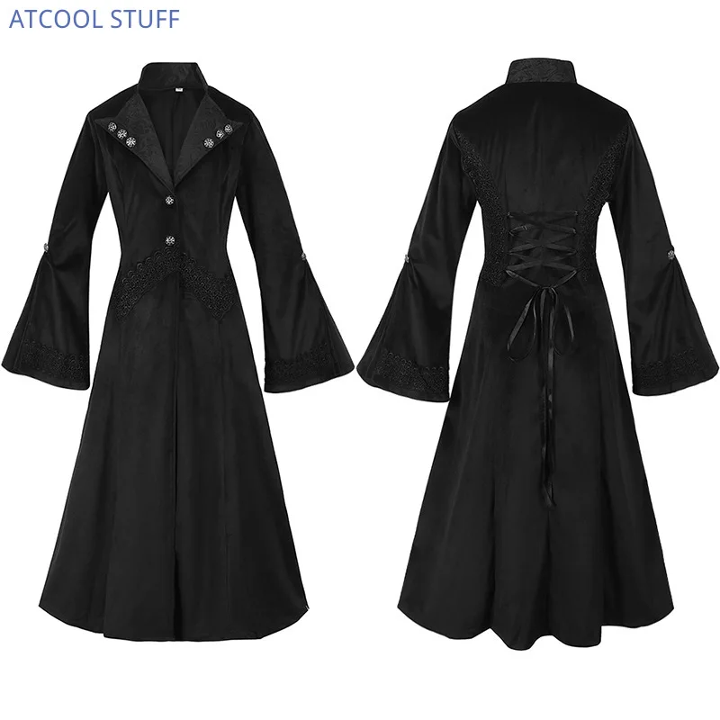 Women Winter Halloween Witch Coat Gothic Steampunk Lace Trim Black Long Jacket Victorian Medieval Vintage Tailcoat