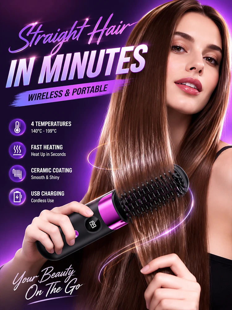 Electric Hair Straightening Brush Cordless USB Rechargeable Hair Straightener Comb 4 Temperature Settings LED Display Portable S