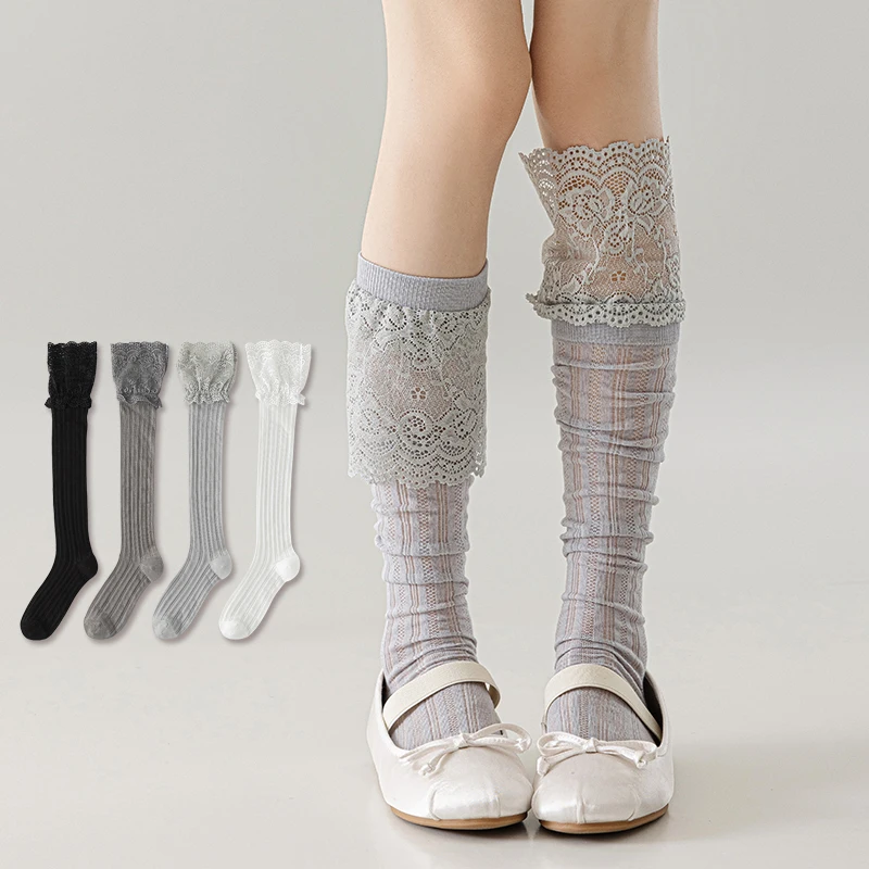 New Women's Stockings Fashion Lace Breathable Solid Color Thin Socks Long Lady Japanese Style Mesh Knee Socks Girls High Quality