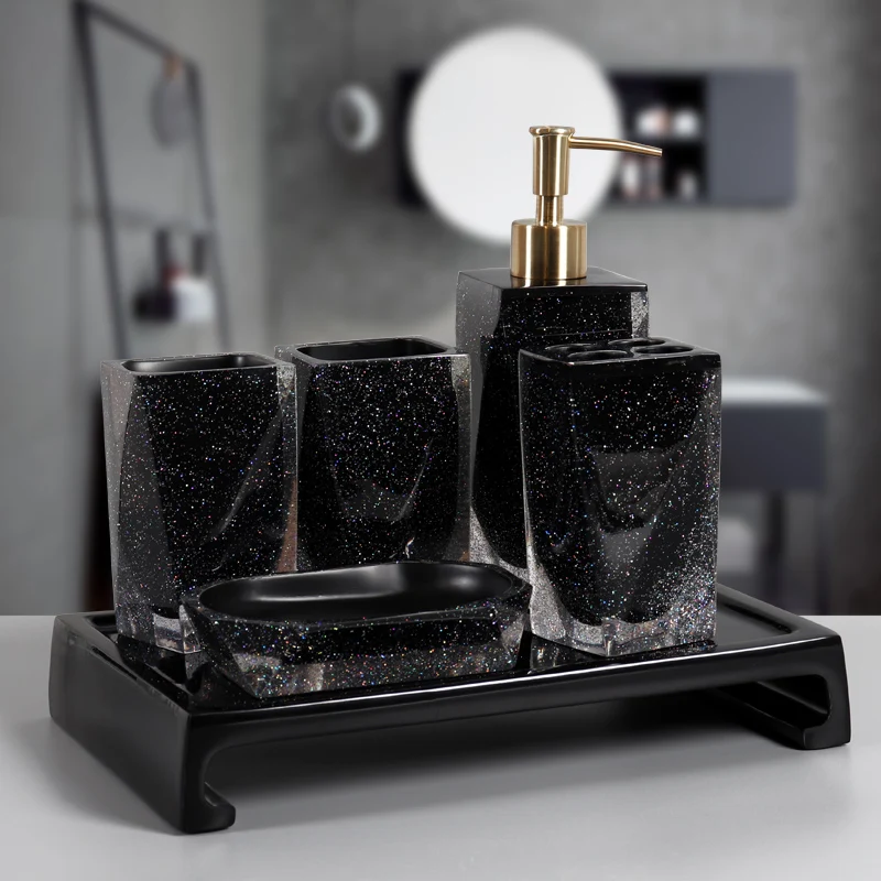 Bathroom Five Piece Set Black Toiletry Lotion Bottle Mouthwash Cup Tray Storage Accessories Toilet Soap Dispenser