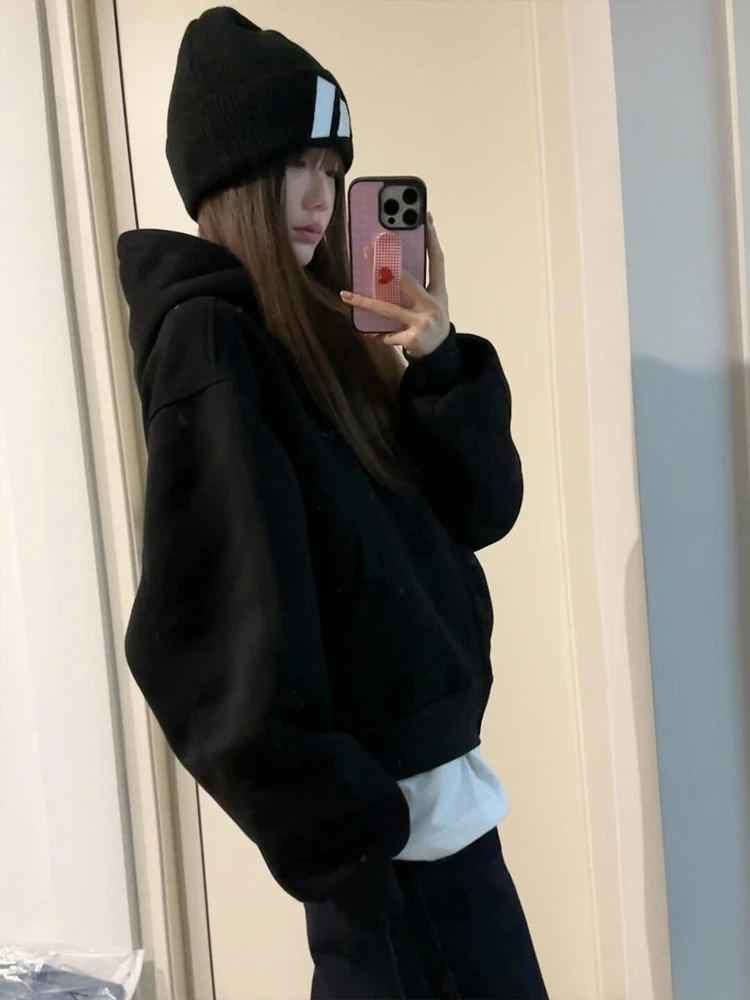 

American High Street Hoodie Women's Autumn Winter New Design Double Zipper Casual Cardigan Jaet Loose Fit Commute Sle