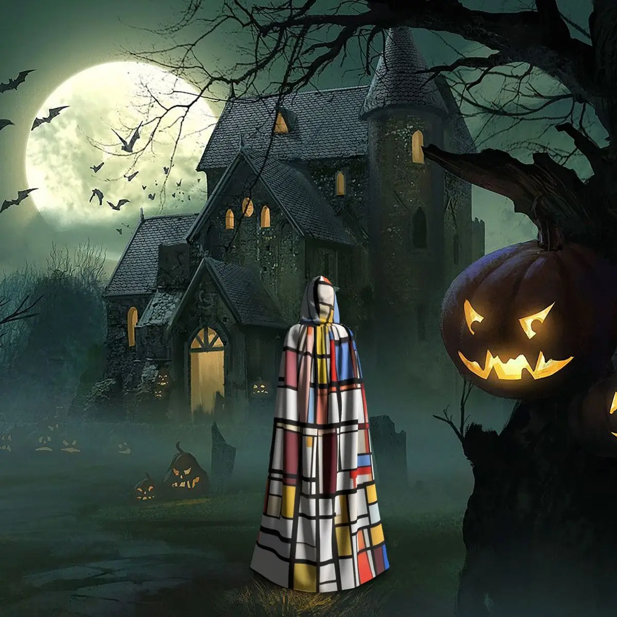 موندريان الحد الأدنى دي Stijl الحديثة طويلة مقنعين عباءة الساحرة القرون الوسطى زي تأثيري كيب هالوين معطف الكبار للجنسين