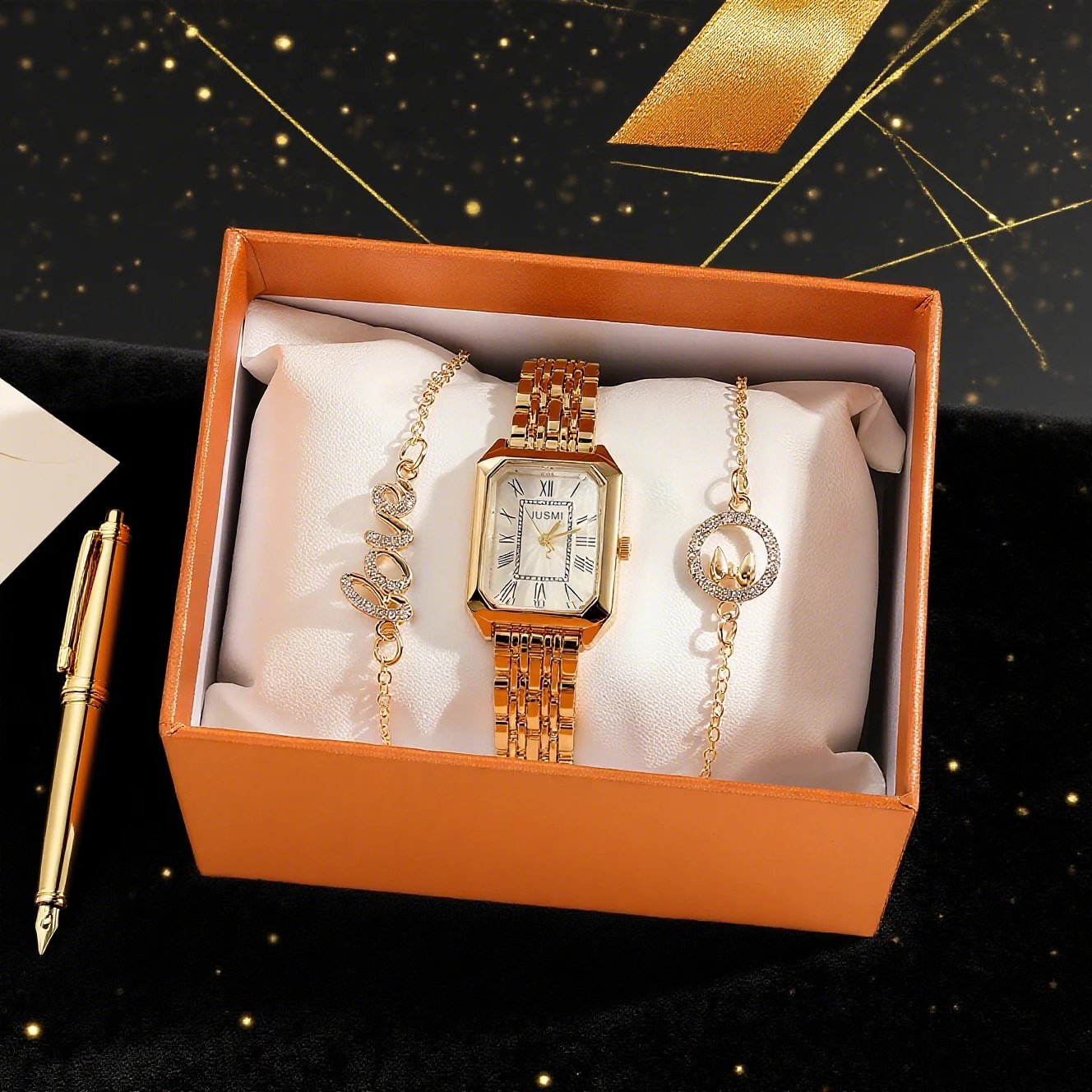 

Маленький и модный легкий роскошный квадратный стальной ремешок, кварцевые наручные часы, набор из 3 штук для женщин, подходит для праздника и Ann