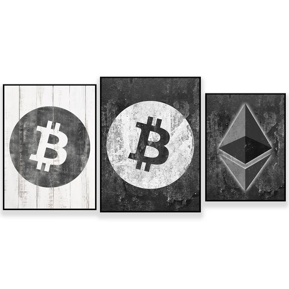 Impression sur toile Ethereum, impression Bitcoin, logo Ethereum sur fond grunge, décoration murale de bureau, art moderne de motivation
