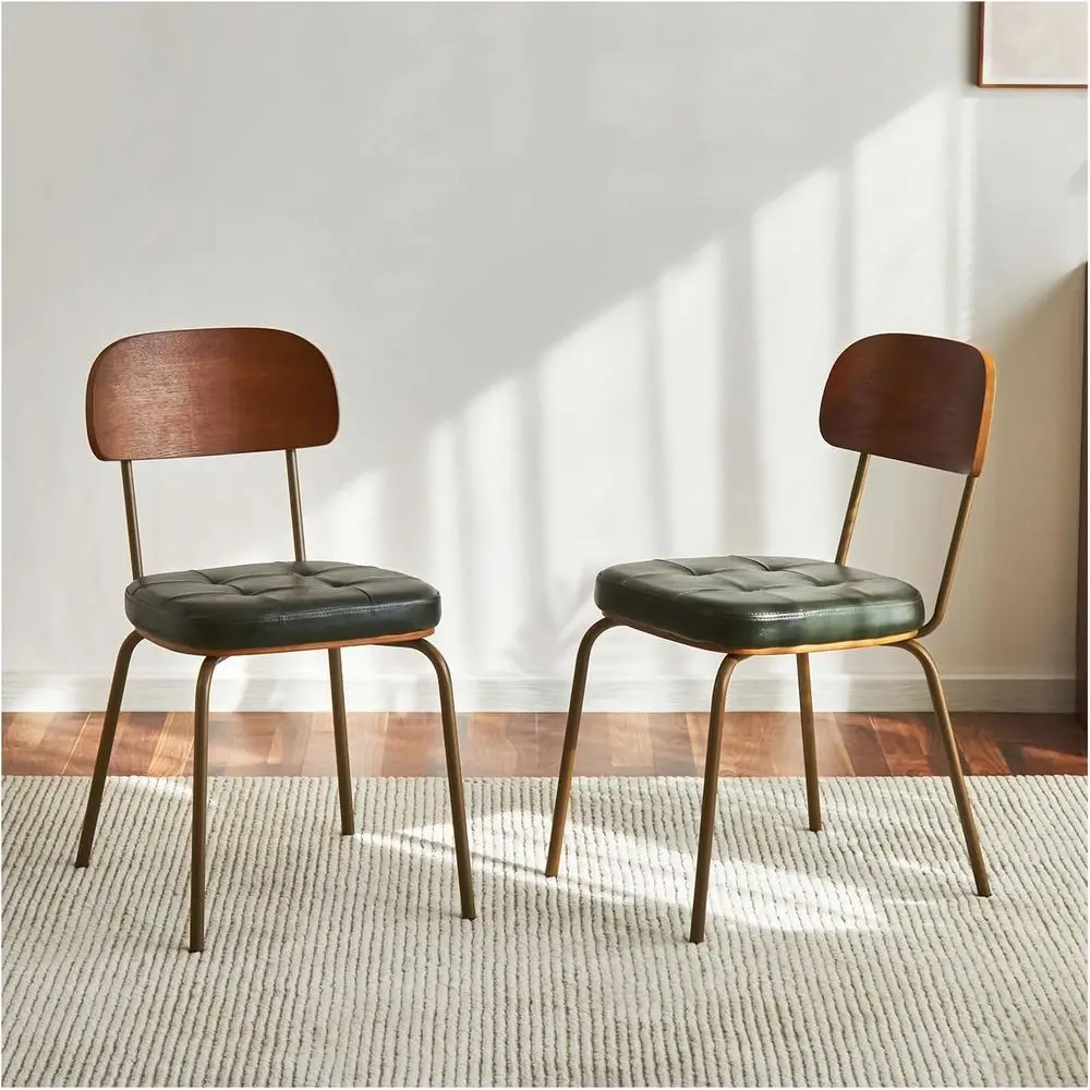 

Upholstered Dining Chairs Set of 2 - Green Faux Leather Cushion Seats, Metal Legs, Stackable, Suitable for Living Room, Kitchen,