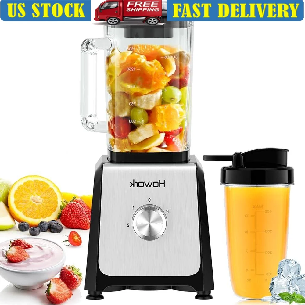 

750W Personal Blender Smoothie Maker Ice Crushing with 56oz Glass Jar and 16oz Portable Cups Variable Speed Pulse Function Self