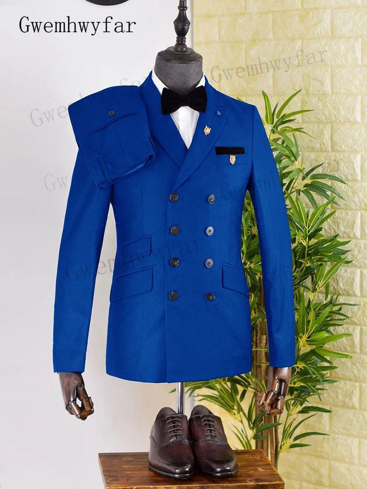 

Gwenhwyfar Costumes Pour Hommes Royal Blue Smoking Jacket Pants Black Buttons Party Tuxedo Double Breasted Men Suits For Wedding