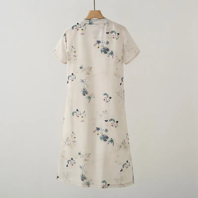 Ele New Chinese Sle Silk  Printed Dr Stand Collar Qipao Summer 2024 ort Sve Slim Fit Busin Casual Dr