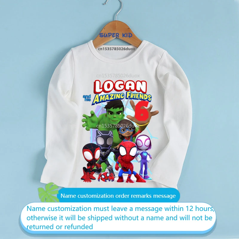 

Spider-Man and His Amazing Friends Birthday Kid Shirt 2 3 4 5 6 7 8 9 Spidey Personalize Name Birthday Boy Long Sleeve T-shirt