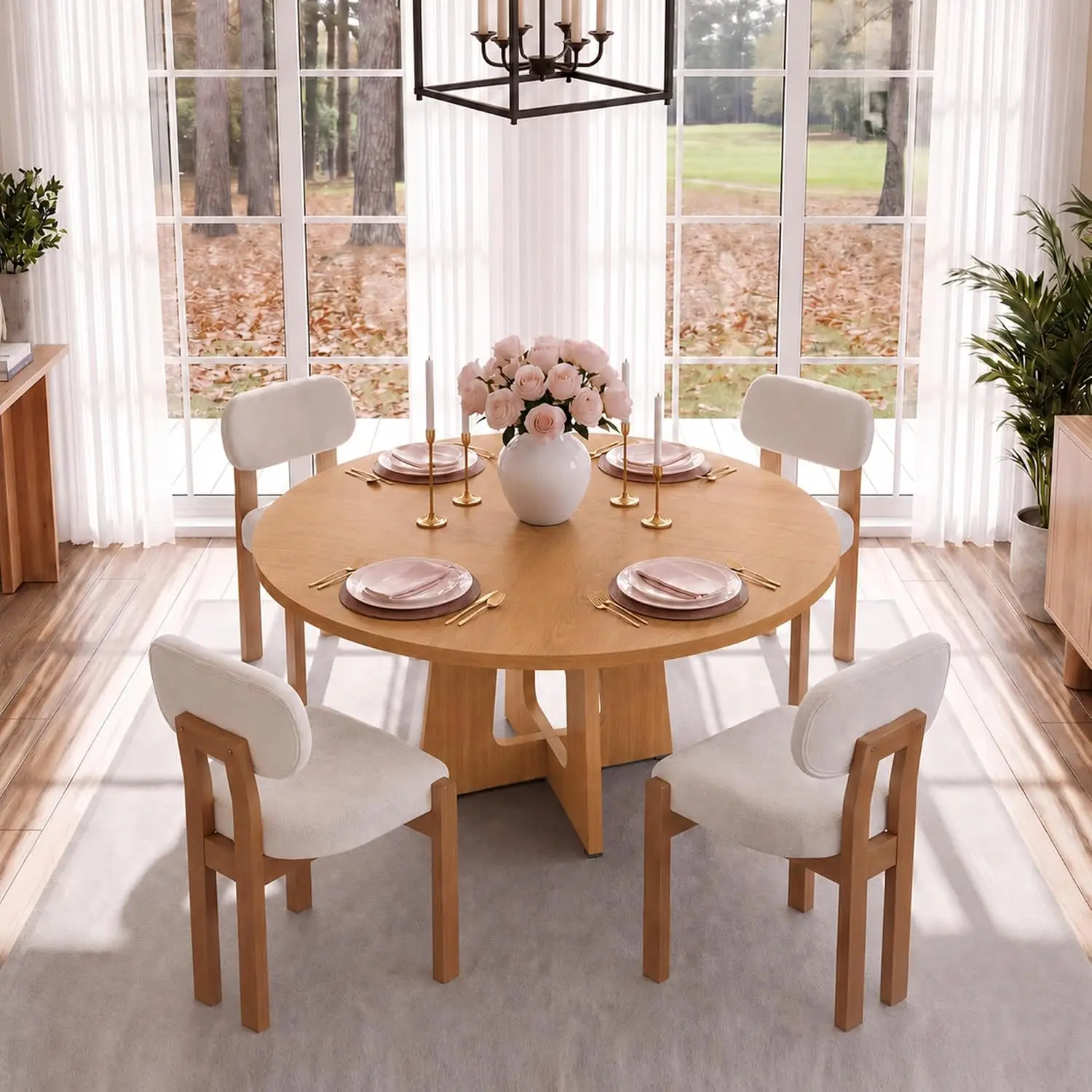 5-Piece Round Dining Table Set – 47-Inch Modern Kitchen Table with 4 Beige Upholstered Chairs 2