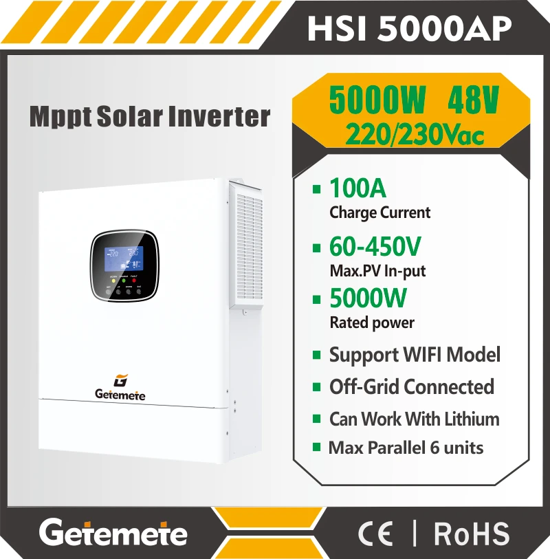 

Гибридный солнечный инвертор GTMT 5000W с выходом 48VDC на 220VAC, контроллером MPPT 100A, чистой синусоидальной волной, максимальное параллельное подключение до 6 устройств.
