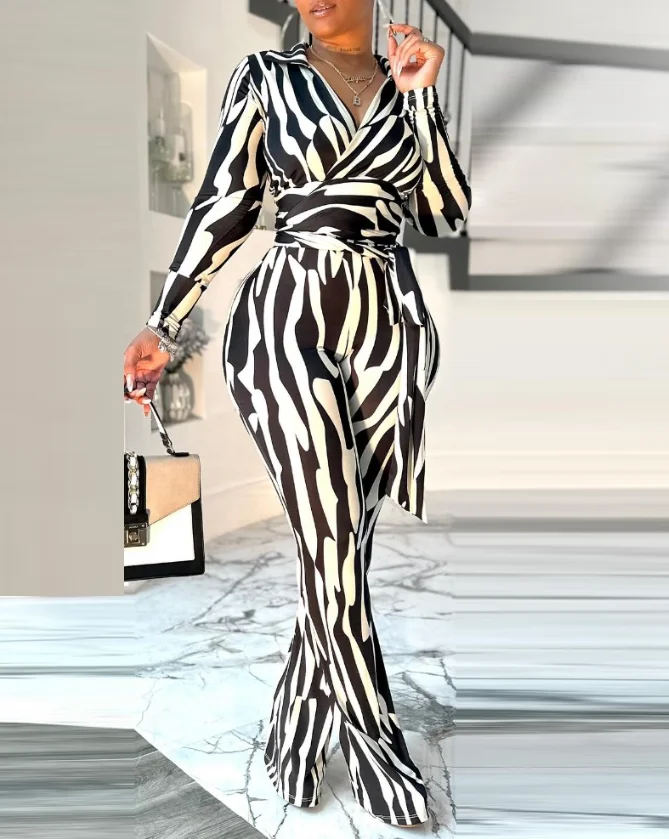 Casual Women's Long Pants Jumpsuit Colorblock Zebra Stripe Print V-Neck Long Sleeve Jumpsuit Casual Tied Detail Wide Leg Romper